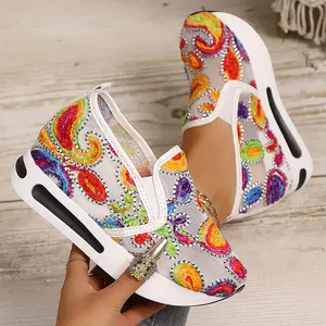 Women's Fashion Embroidered Mesh Sneakers with Colorful Paisley Design and Rhinestone Accents Versatile Stylish Shoes for Everyday Wear