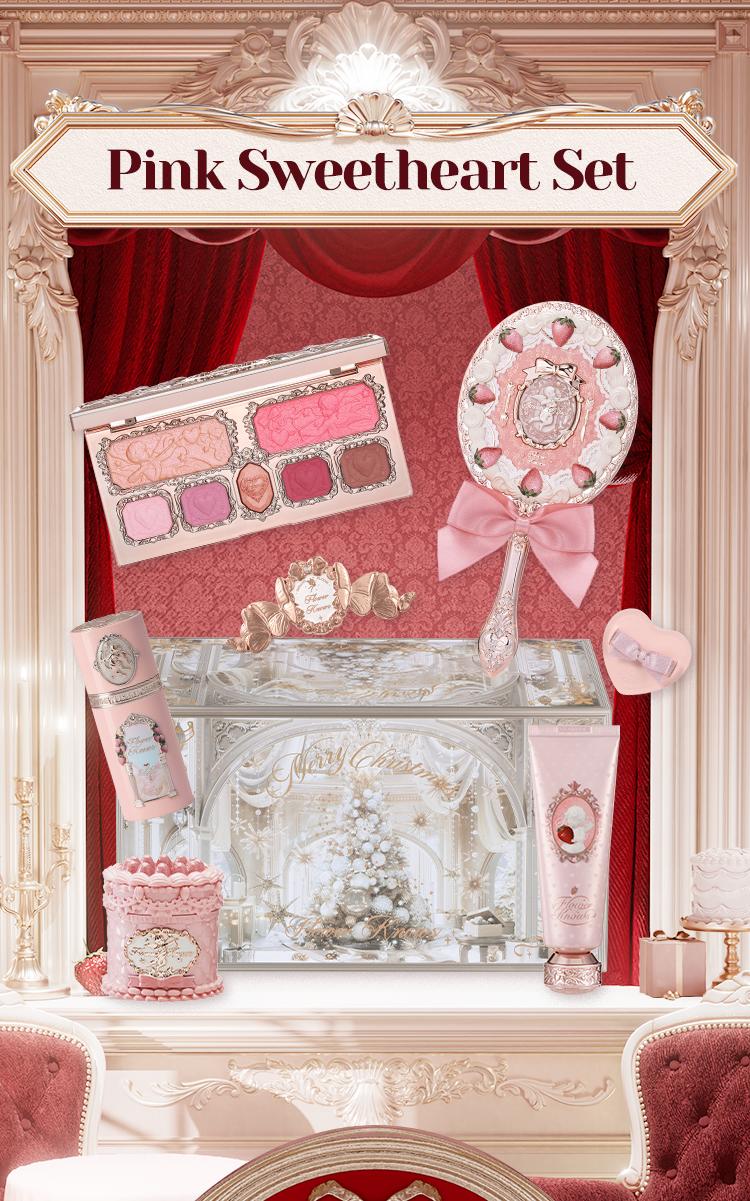 Flower Knows Pink Sweetheart Set - Full Face Makeup Set with Lipstick, Blush, Eyeshadow Palette and Cosmetic Tools, Summer Beauty Gift Box