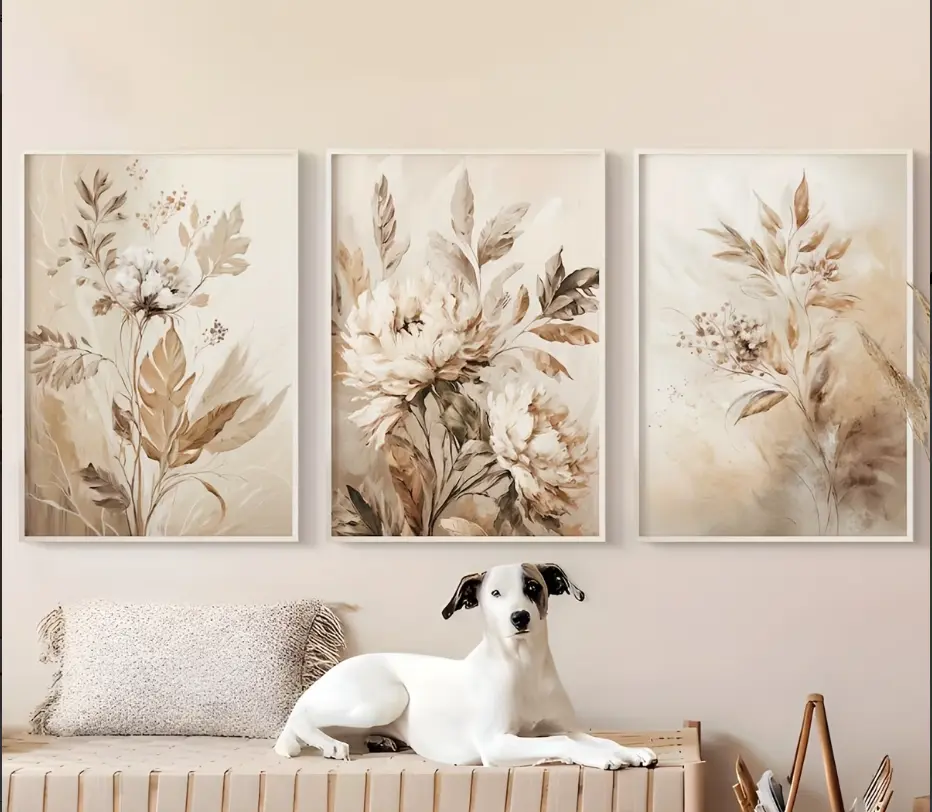Set of 3 Beige Boho Botanical Floral Pattern Canvas Wall Art Photos - Unframed Flat Print Artwork, Neutral Tone Modern Abstract Hanging Wall Art Decoration, Minimalist Room Home Decor Supplies