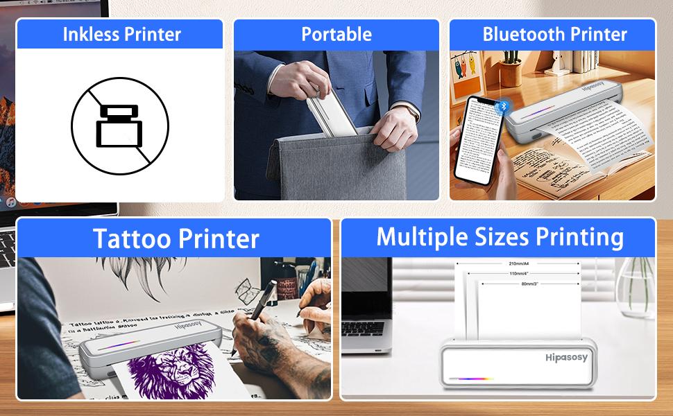 Inkless Bluetooth Printer Portable Thermal Wireless Printers for Home Use 8.5"x11" US Letter & A4 Size Thermal Paper Compatible with iOS Android Laptop for Tattoo Travel Office Accessories
