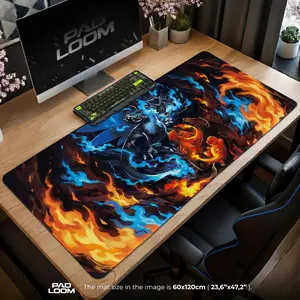 Mega Charizard Battle Mouse Pad, Epic Dragon Gaming Desk Mat, Anime Mouse Pad, Desk Mat, pc accessories.