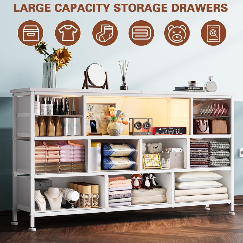 Aowos 11 Drawer Dresser, Dressers for Living Room TV Stand with Power Outlets LED Lights, TV Stand Dresser, Fabric Drawer, Chest of Drawers  Dresser TV Stand for up to 32''- 55" TV, for Bedroom