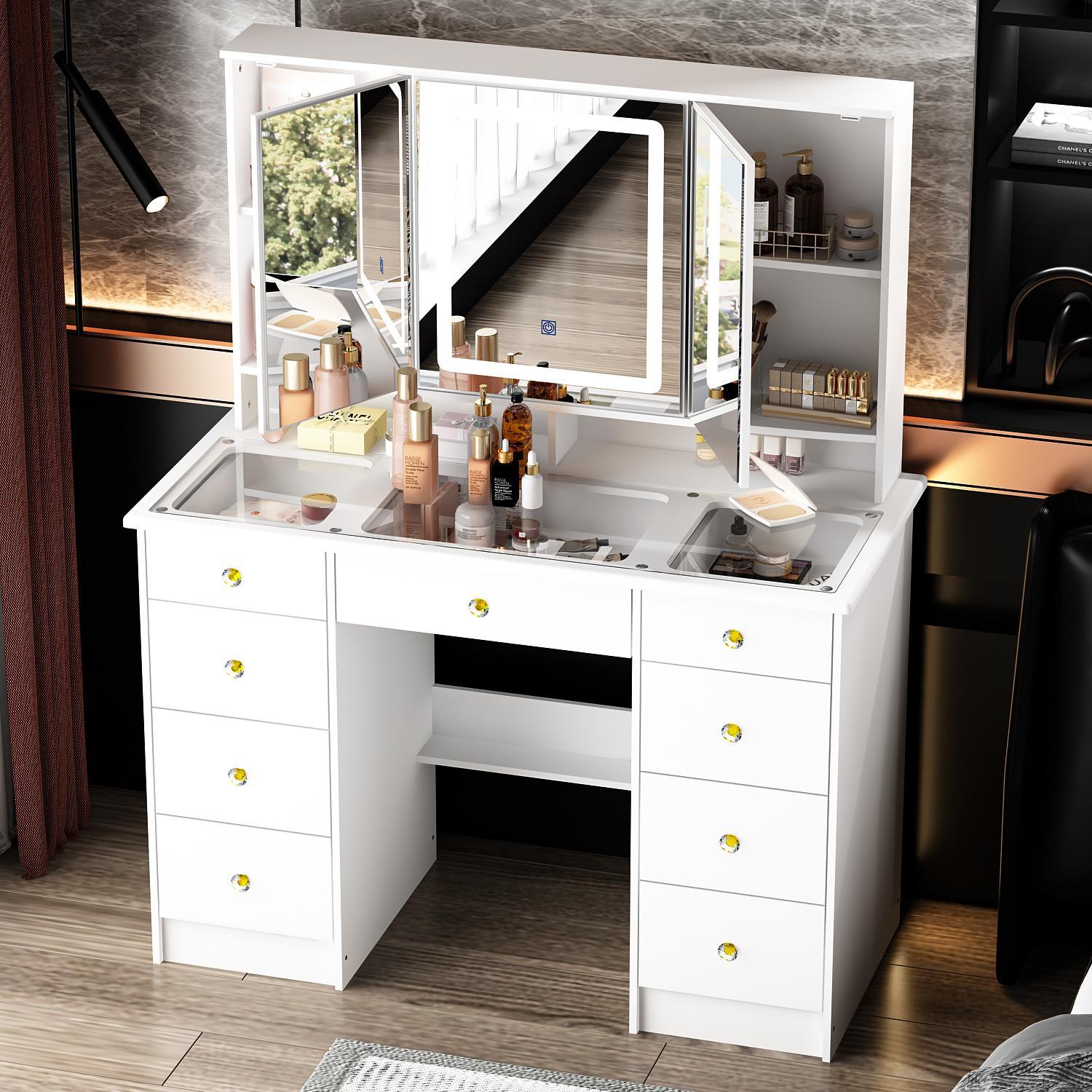 FUFU&GAGA Large Makeup Vanity Desk with Glass Desktop, Large Vanity Desk with Mirror and Lights, Crystal Handles, 43.3” Desktop, Cushion Stool not Included Organizer Storage FUFU&GAGA Large Makeup Vanity Desk with Glass Desktop, Large Vanity Desk with Mirror and Lights, Crystal Handles, 43.3” Desktop, Cushion Stool not Included Organizer Storage