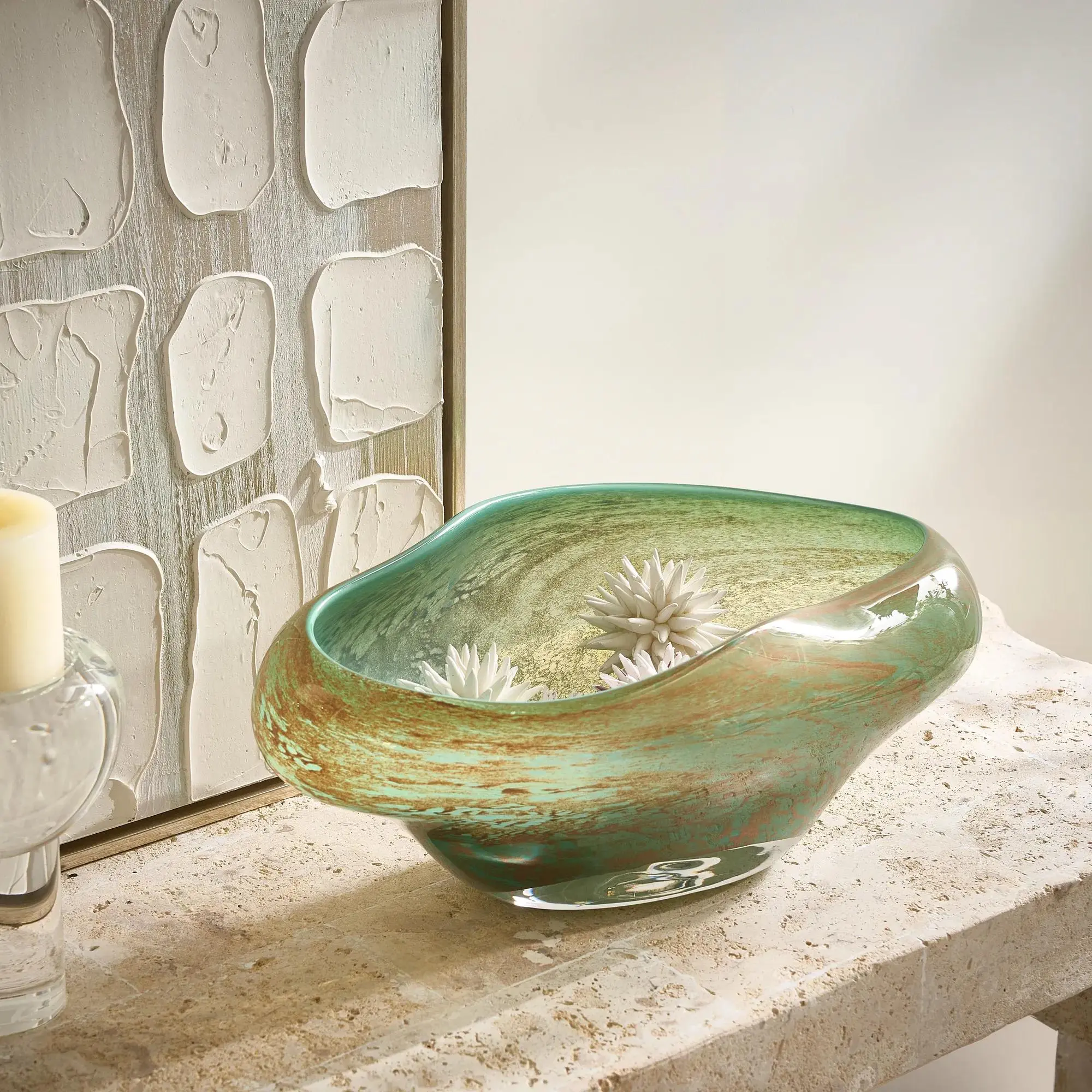 Z Gallerie Green Mist Hand-Blown Glass Bowl - Hand-Applied Texture, Modern 15.75"w x 9"d x 6.25"h Gold-Toned Kitchen Tableware for All Seasons Dining & Serving, Artisan, Decorative Accents, Modern Home Décor Accent, Glass Bowls