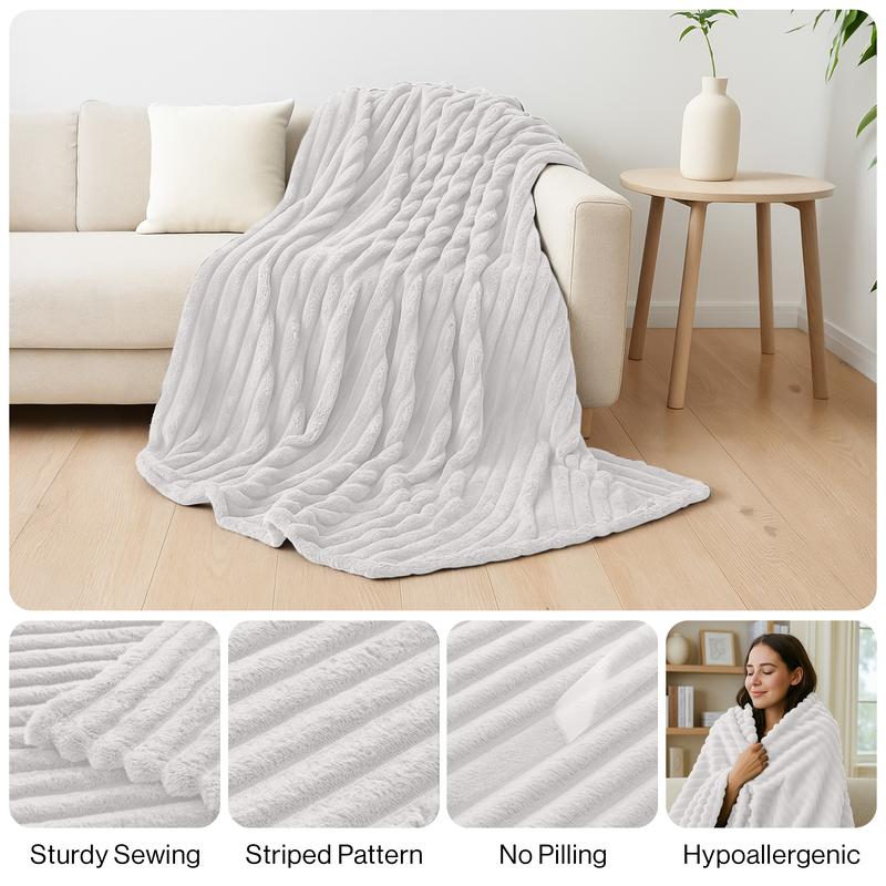 Lux Decor Ultra Soft Striped Throw Blanket - Gentle. Lightweight, Cozy 3cm Stripe Design Fleece Throw -Stress Relief All‑Season Blanket for Bed, Couch, Travel & Camping, Classic Stripe Design - Home Decor - Plush Gift Idea