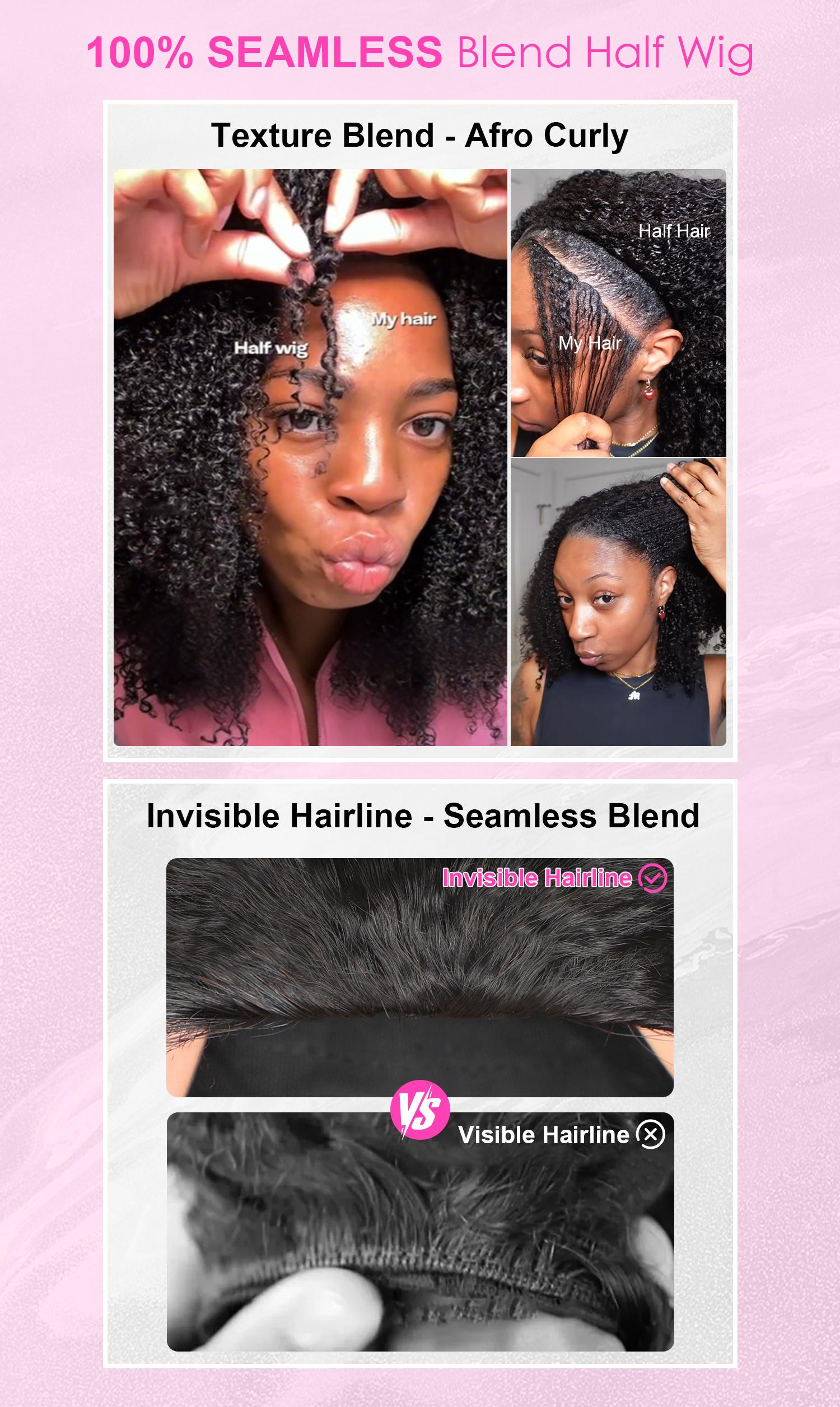 [Wear Go Half Wig] BGMgirl Invisible Hairline Afro Curly Kinky Straight Half Wig Glueless Human Hair Butterfly Yaki Layered Cut Wigs Water Wave Kinky Curly Seamless Flip Over Updo Down Style Hairpiece eve valentines day gift