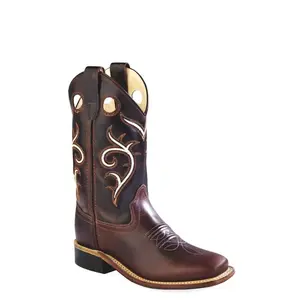 Old West Brown Youth Boys Carona Leather Broad Square Toe Cowboy Boots