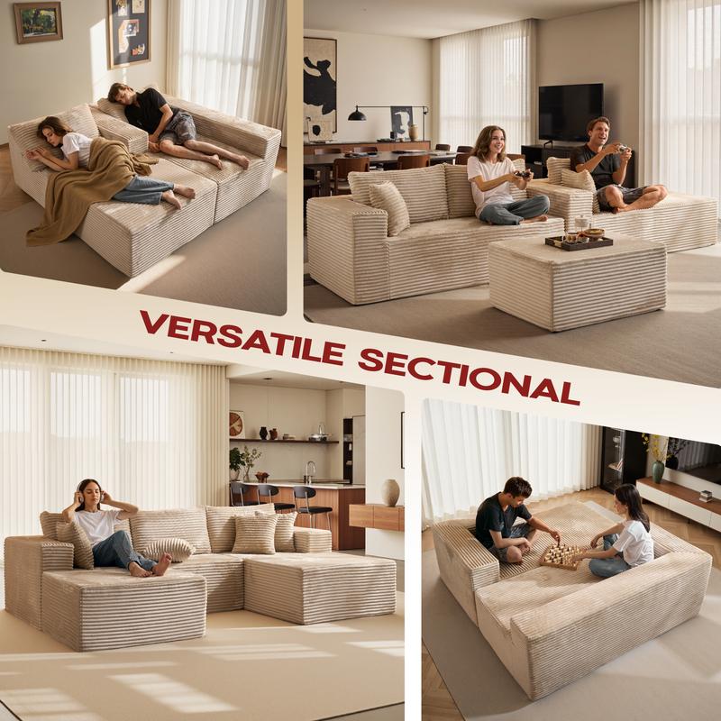 【2 Packages Shipping】Ovios 108" Sectional Cloud Couch with Ottoman for Living Room, Modular L Shaped Sofa with Plush Corduroy, Big Boneless Couches Set with Fluffy Memory Foam, Stupendous U Shaped Sofas with Chaise - No Assembly Required