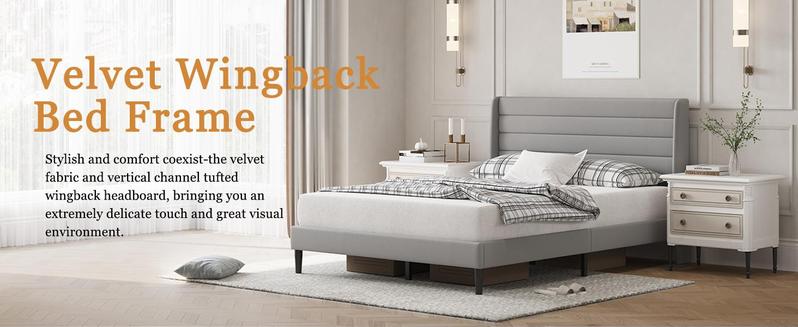 Queen Bed Frame with Modern Wingback Headboard Velvet Platform Solid Wood Slats No Box Spring Required Easy Assembly Light Beige