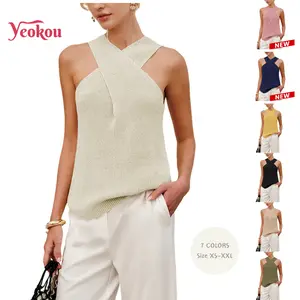 Yeokou Women Criss Cross Halter Tops Knit Over Collar Tank Sleeveless Flexible Beach Travel Daily Casual Vest