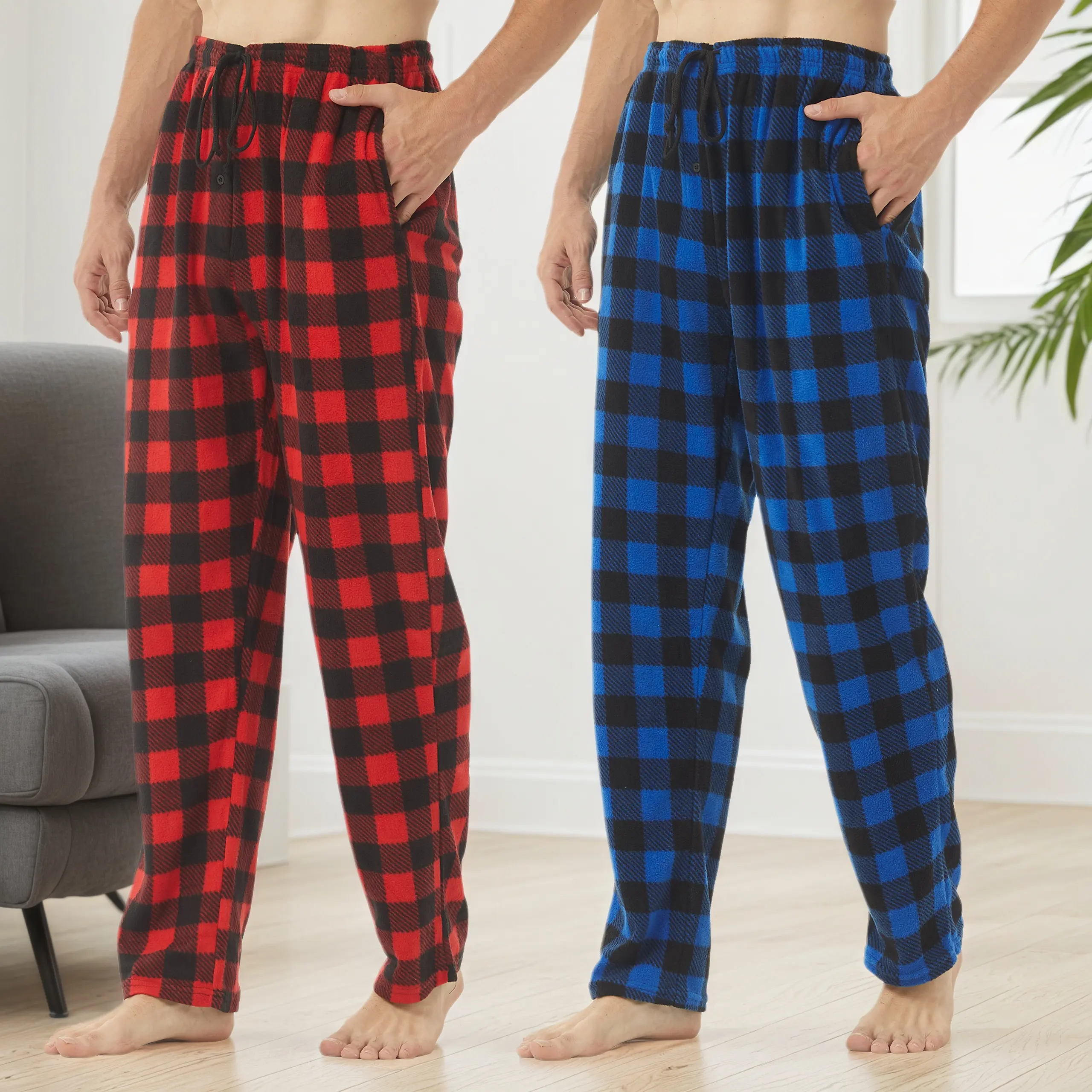 Men's Fleece Checkered Pajama Pants - 2-3 Pack Menswear, Comfy Lounge Bottoms with Pockets, Classic Soft Sleepwear for Winter Day Use, Loose