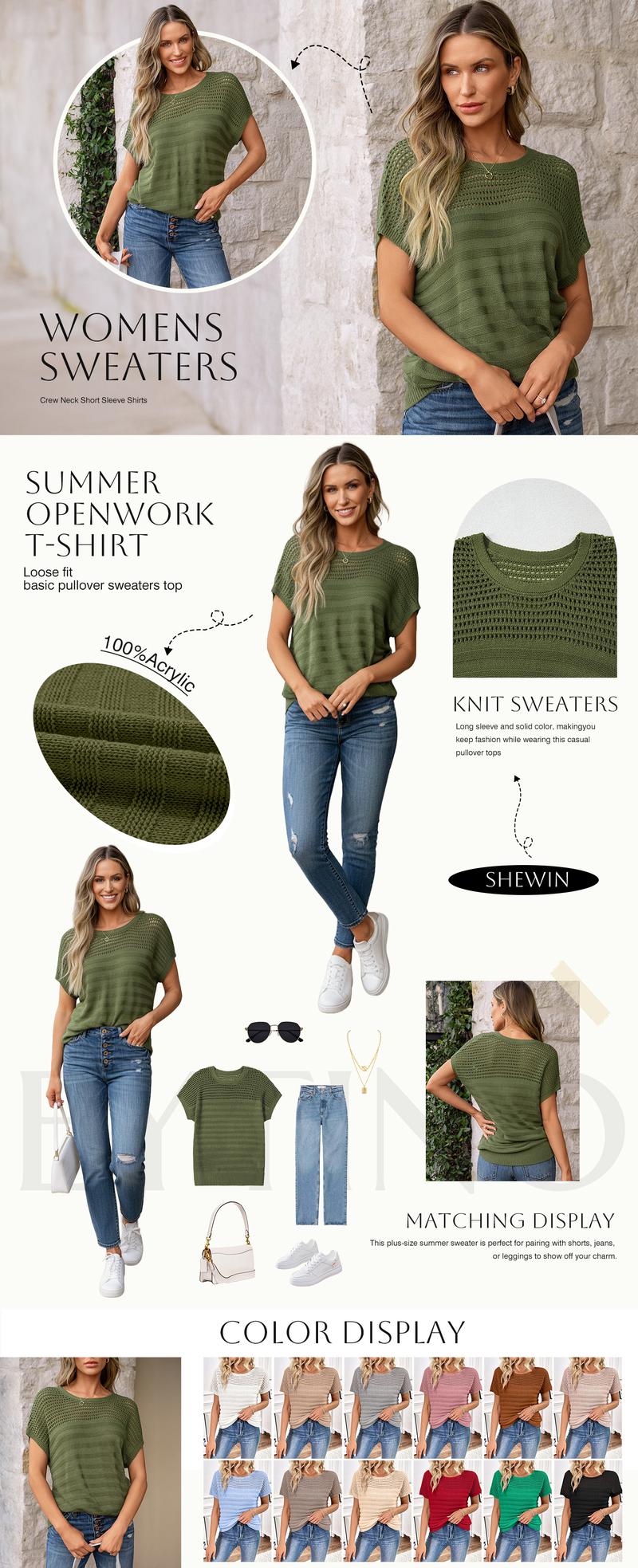 Shewin 2026 Spring/Summer Outfit Women's Crochet Sweaters Crew Neck Short Sleeve Shirts Knitwear Crewneck Tops Knit Eyelet Hollow Out T Shirts Sweater Blouses White Basic Minimalist Fitted