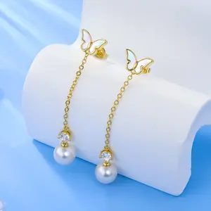 ALEXCRAFT Dainty Pearl Drop Earrings for Women，Mother of Pearl Butterfly Long Threader Earrings, CZ Sparkle Gold & Silver Statement Bridal Wedding Dangle Earrings