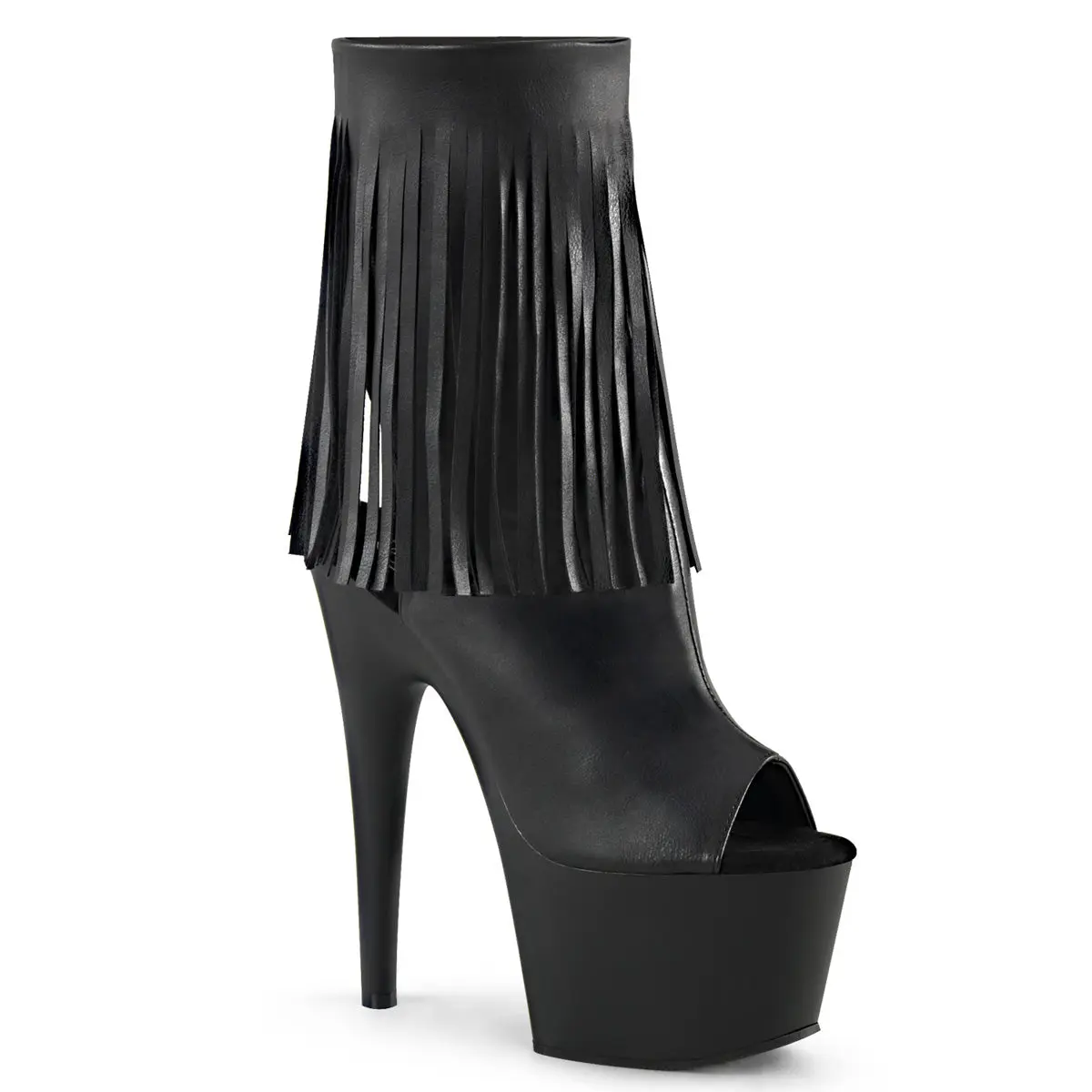 Pleaser Adore-1019 Women's Black Vegan Leather Fringe Ankle Boots, Open-Toe Statement Footwear with 7" Stiletto Heel