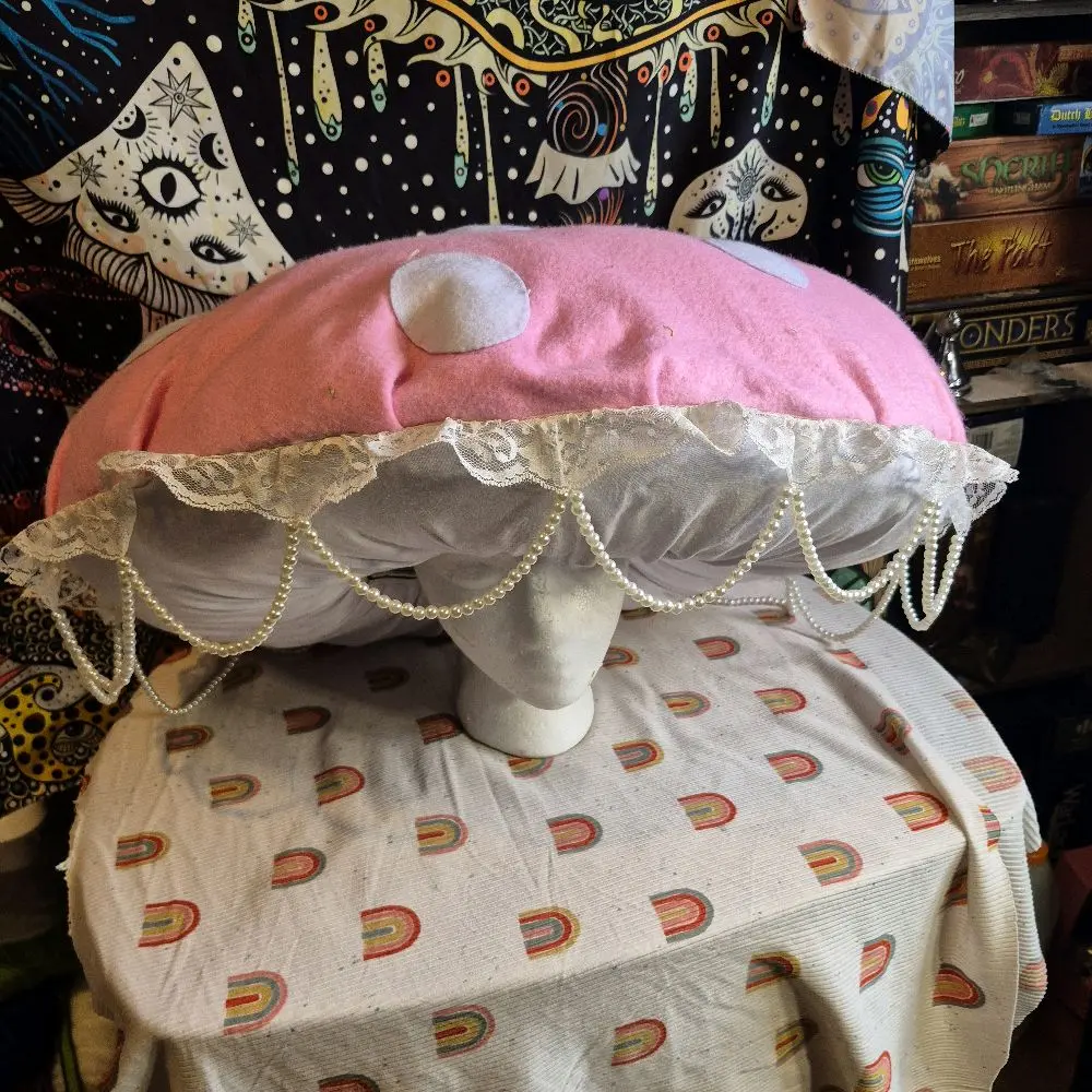 Pink felt mushroom hat. perfect for Renaissance faire, parties, halloween, and any other special event. handmade mushroo. hat one size fits most
