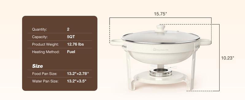 WARMOUNTS 5QT White Chafing Dishes for Buffet with Glass Lid 2/4 Pack, Maifanite-Coated Round Chafing Dish Set w/Mirror-Polished Stainless Steel Rolled Rim, Stackable, Lid Holder for Party, Wedding