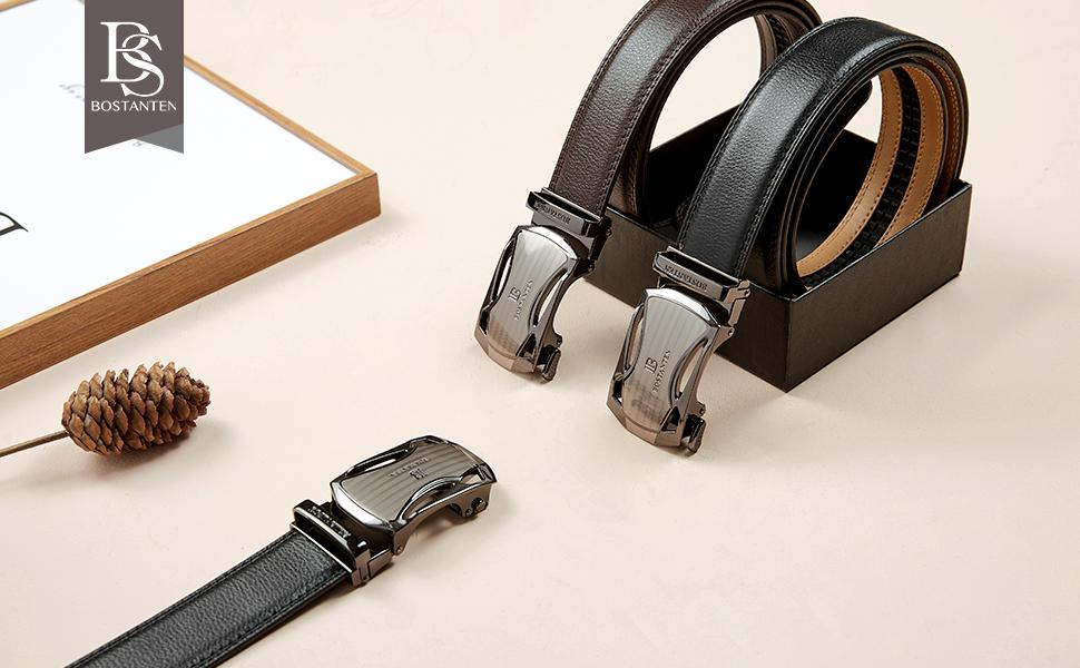 [Valentine's Day Gift] BOSTANTEN Leather Mens Belt Easy Release Ratchet Belt For Men Dress and Casual with Adjustable Buckle, Trim to Fit Textured Fathers Gift