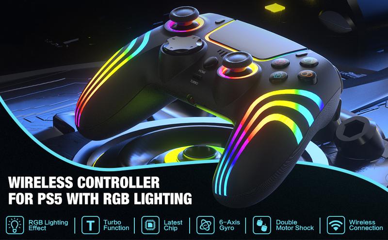 JORREP Hall Effect PS5/Pro controller ，7 RGB Colors Dual Vibration Turbo 6-Axis Gyro Programmable Buttons 3.5mm Headset Jack 1500mAh Battery Wired Adjustable Gamepad Compatible with PC MAC iOS Android 10 Steam Deck