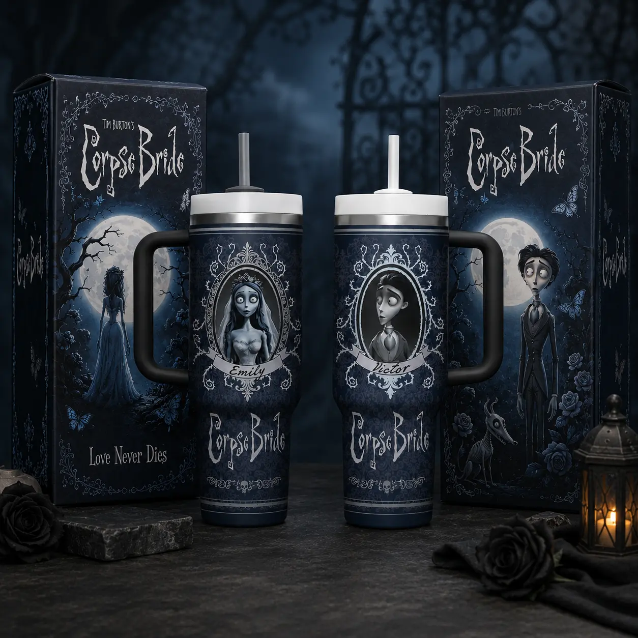 Corpse Bride Cartoon Movie 40oz Tumbler With Handle, Couple Matching Emily And Victor Cup, Spooky Cute Halloween Water Bottle, Black White Travel Cup, Gift For Timburt0n Fans