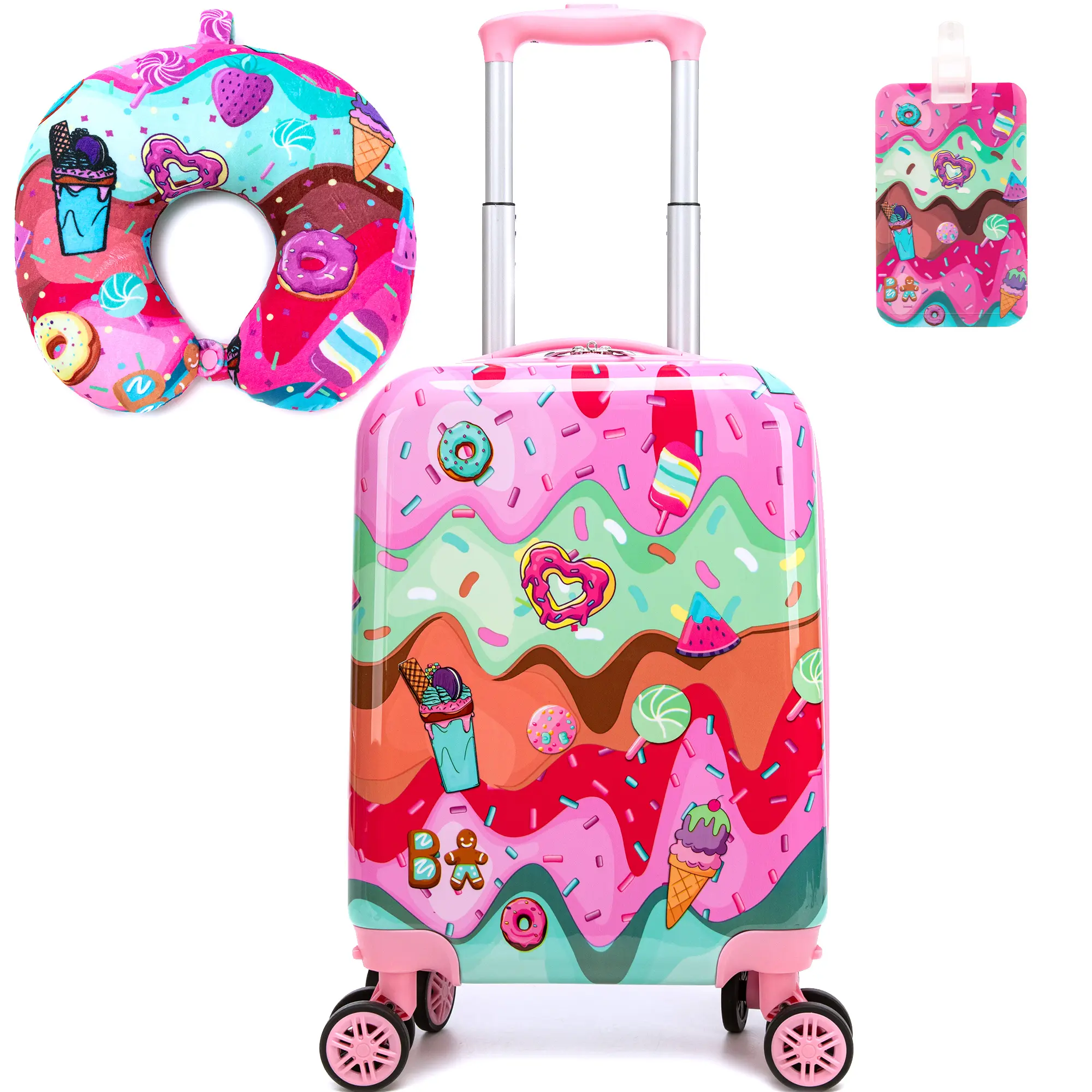 Kids' Unisex 3-Piece Heavy Duty ABS Plastic Luggage Set - 4 Large 360-Rotation Wheels, Lightweight Hard Shell Carry-On, Matching Neck Pillow, Heart Motif, Zipper, Multi-Purpose Travel Bag Set Birthday Gift for Students