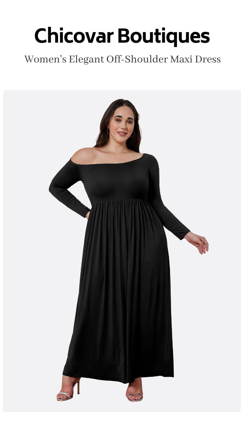 Chicovar Women's Off-Shoulder Spring Maxi Dress – Long/Short Sleeve with Pockets, Perfect for Vacation, Dinner & Semi-Formal Occasions,Fall/Spring/Summer Maxi Dress