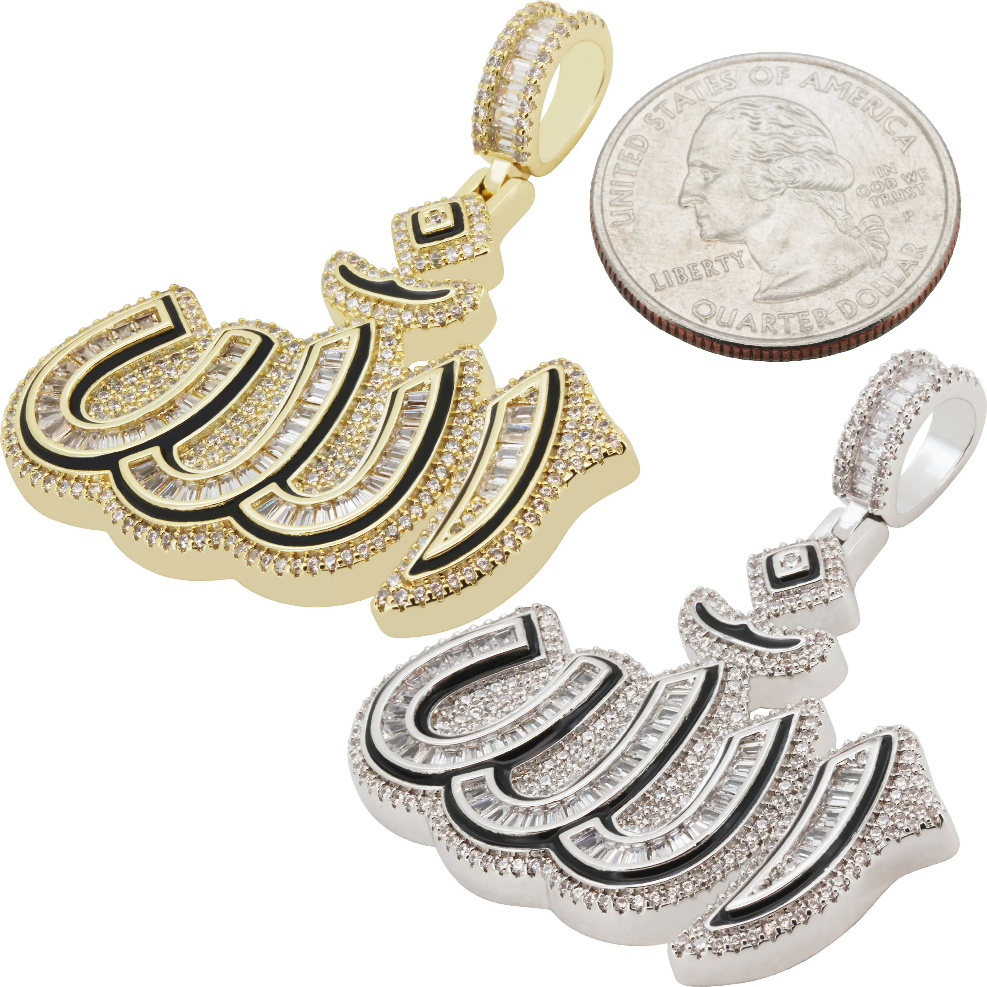 14k Yellow/White Gold Plated AAA Cubic Zirconia Allah Pendant