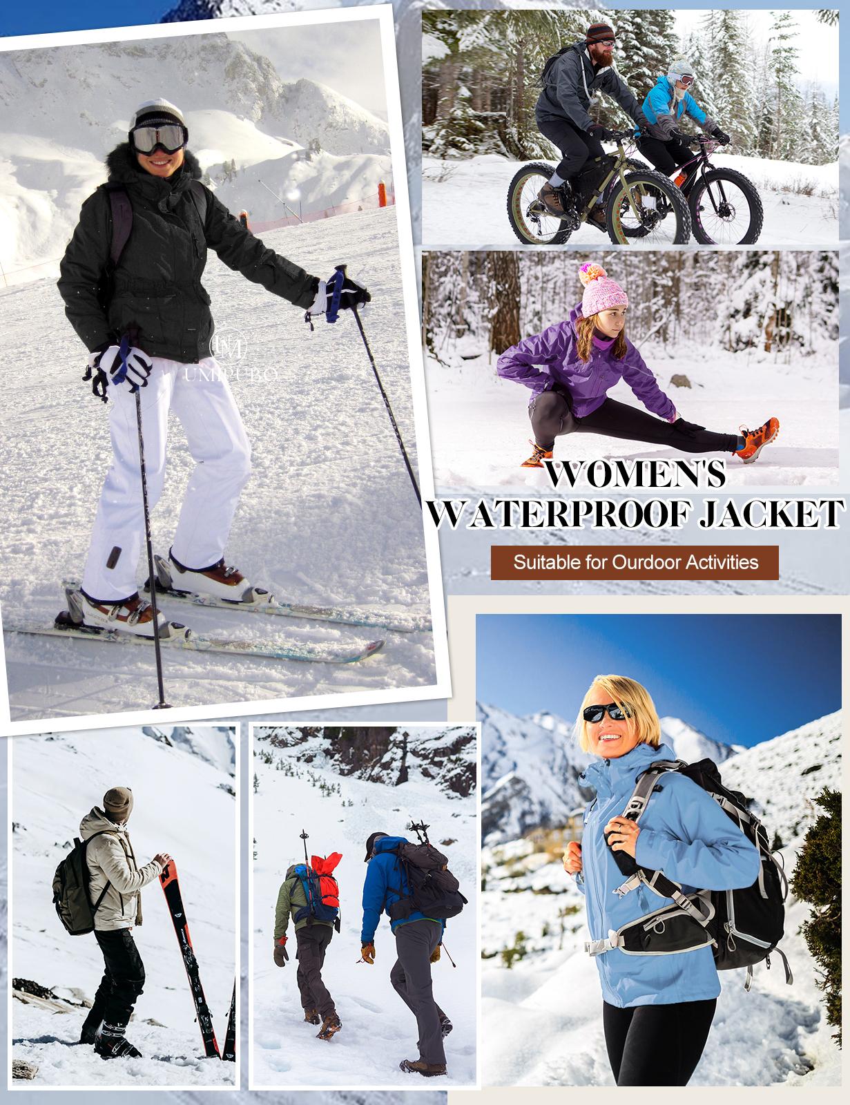 UMIPUBO Women's Waterproof Ski Jacket Warm Winter Coat Mountain Windproof Fleece Jacket Outdoor Hiking Jacket with Removable Hood