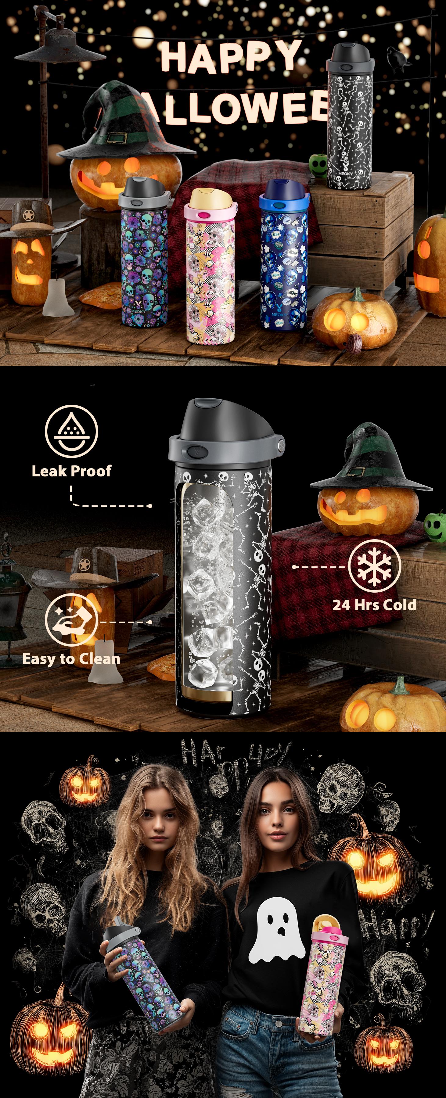 [Meoky Skull Pattern Series] 24oz Water Bottle with Straw & 2-in-1 Lid Leak-proof Stainless Steel Thermos Keeps Cold for 24 Hours BPA-free Silicone Base Perfect for Travel School or Gifts - Drinkware Flasks Tumbler