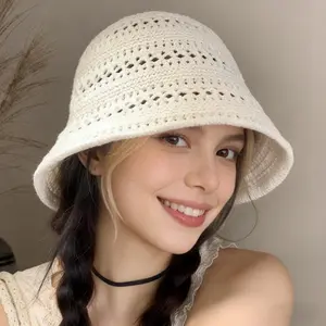 Women Cotton Bucket Hat Handmade Crochet Knit Floral Summer Bucket Hats