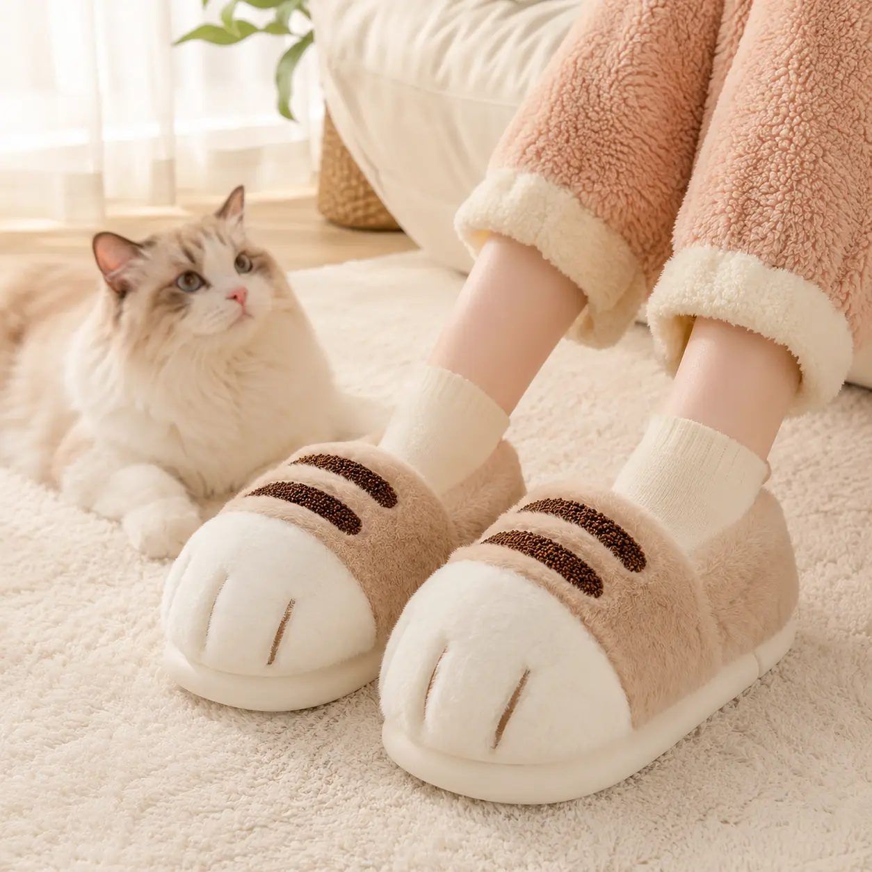 Women's Chic Casual Cat Paw Slide Slippers - Winter Warm Fluffy Cotton Footwear, Lightweight Rubber Indoor House Shoes for Cat Lovers, Ideal Womens Gifts & Gifts for Women, Cute Shoes