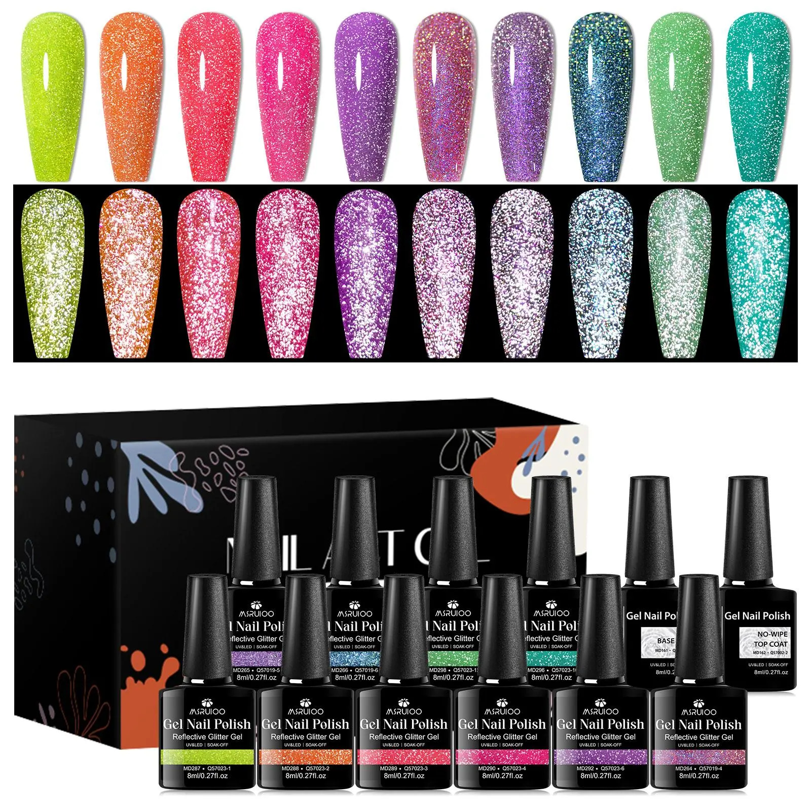 Fluorescent Glitter Shimmer Gel Nail Polish Set, 12pcs/set Reflective Super Flash Broken Diamonds Light Effect Nail Gel, Soak Off Uv Gel Crazy Nail Art Diy Nails Art for Nails Salon, Nail Kit Set, Home Nail Art