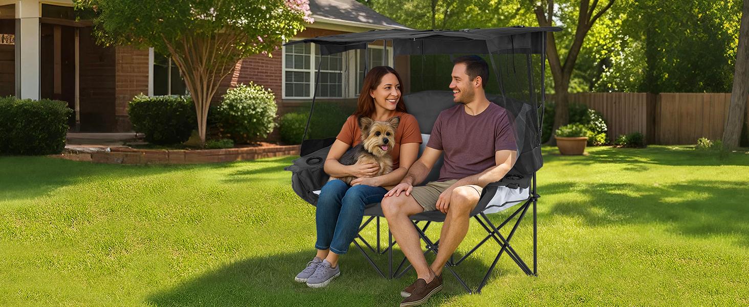 MOPHOTO XXL Double Camping Chair with Shade Canopy, Fully Padded Folding Camping Loveseat , Oversized Camping Bench Lawn Chairs Patio Lounge Chairs for Adults