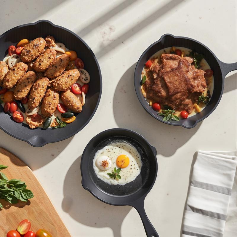 3pcs Cast Iron Cookware Set Heavy Duty Non Stick Pan Multi Functional Frying Pan Skillet And Baking Dish Suitable For Kitchen Outdoor Use Perfect For Cooking Steak Chicken
