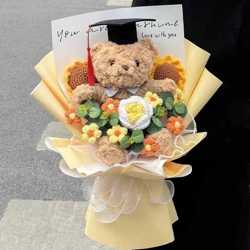Large Graduation Bear Flowers Bouquet Set 2026 Grad Cap Fluffy Plush Bear Hand Knitted Rose Tulip Daisy Sunflower Bouquet with Greeting Card Gift Bag, Decorative Gifts, Grad Party Favors, Graduate Gifts, Graduation Bear CLASS of 2026 Gifts