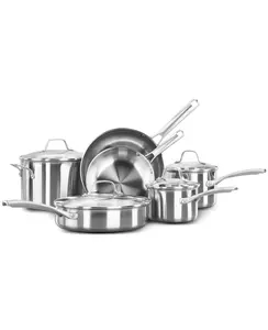 Calphalon Classic Stainless Steel 10-Pc Cookware Set with Impact-Bonded Aluminum Bases Tempered Glass Lids & Stay-Cool Handles for Efficient Cooking