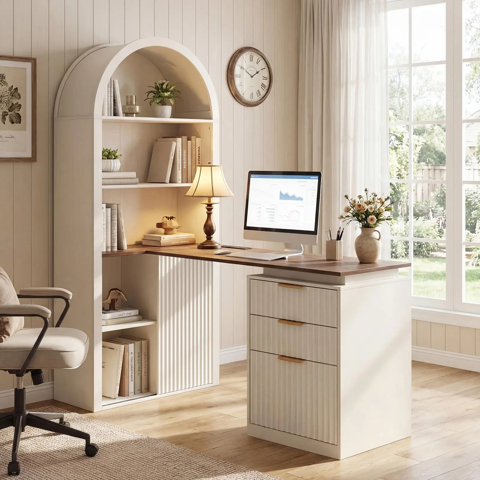 NORTHSKY 61" Width L-Shaped Office Desk Furniture - 5-Tier 70.87" Tall Arched Bookshelf, Fluted Panels, 3-Drawer Storage, Sliding Door, Built-In Charging Hub (1 Type-C Port), Thick Wood Desktop, Modern Workstation