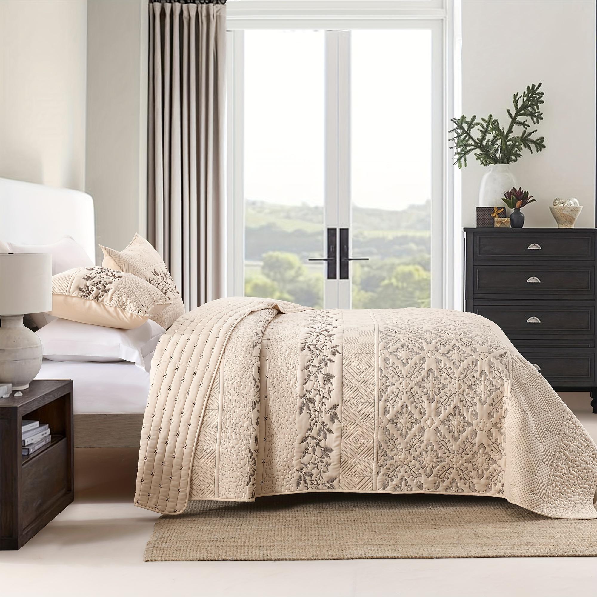 Luxury Embroidery 3-PC Quilt Set | Textured Floral & Geometric Pattern Bedspread, 5-Star Hotel Style Bedding for Discerning Homeowners