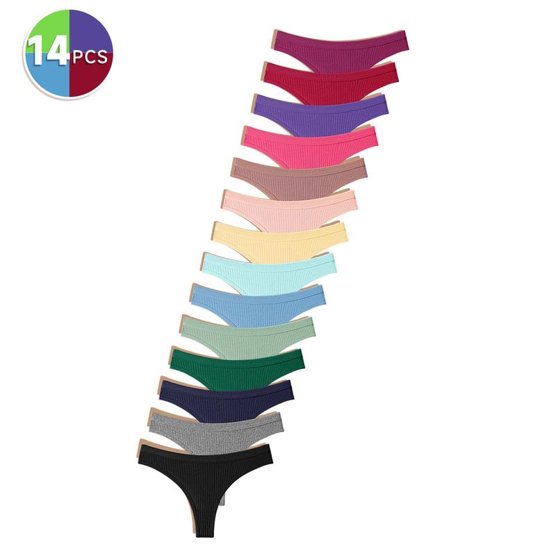 HOTCOM 14-Pack Women's Seamless Thongs Soft Breathable Cotton Fabric Underwear Mixed Color Everyday Style Panties for All-Day Comfort - Smooth