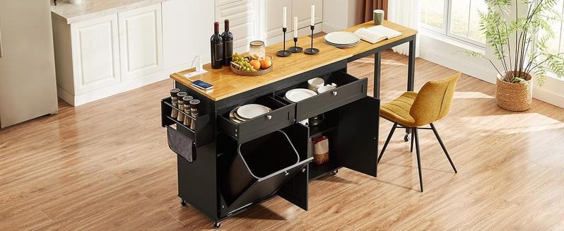 【Valentine's Day Gift】ONBRILL 60.2"W Kitchen Island with Two Large Storage Cabinets Drawers Locking Wheels Wood Countertop Power Outlet Spice Rack Paper Towel Holder Rolling Smooth
