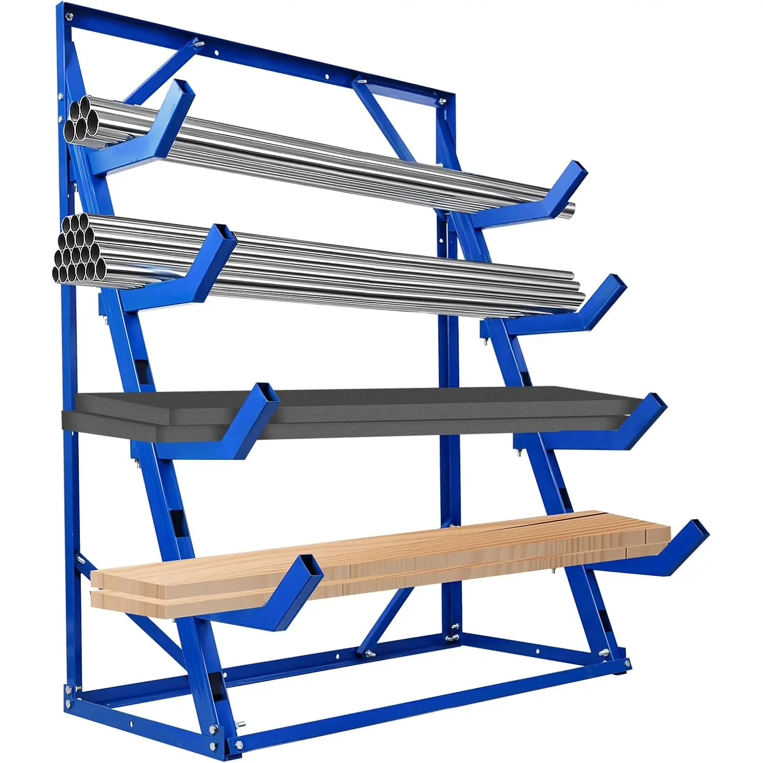 2000lbs Heavy Duty 4-Tier Horizontal Lumber Storage Rack, Alloy Steel Lumber Organizer Shelf, 48"x16"x62" Utility Cantilever Rack with 8x20 Adjustable Arms, Freestanding Pipe Rack for Garage
