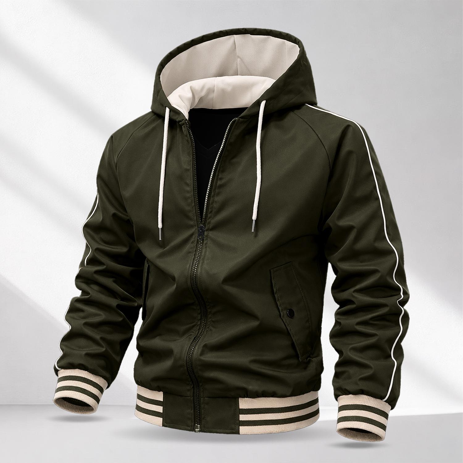 Men’s Patchwork Zip-Up Hooded Jacket – Lightweight windproof casual jacket with a soft, smooth street style, featuring contrast striped cuffs, suitable for everyday wear and outdoor commuting Casual
