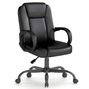 Keratee Executive Leather Office Chair, Mid-Back Ergonomic Desk Chair with Armrests, 360° Swivel Adjustable Height Computer Chair for Home Office, Black