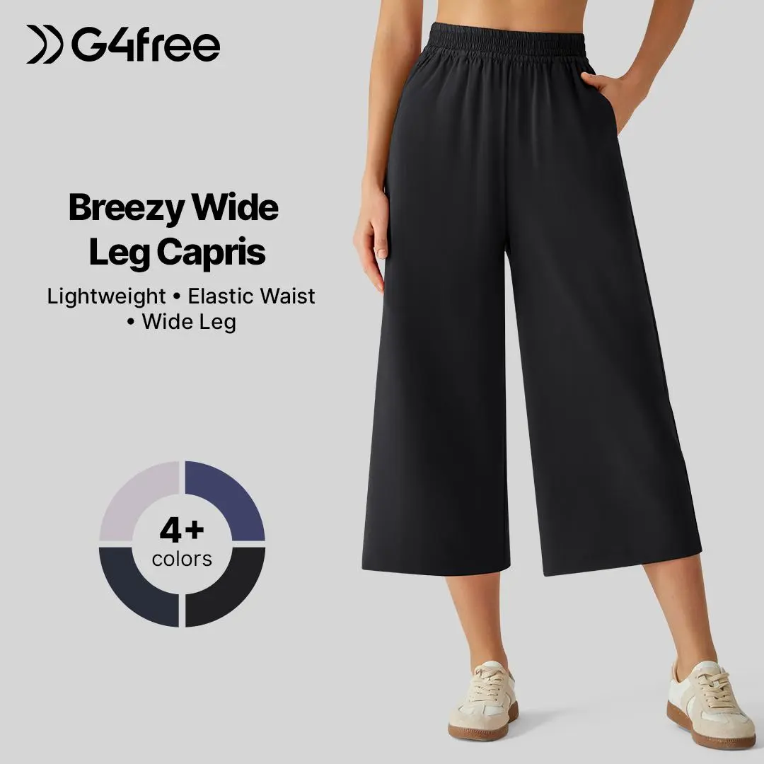 G4Free Chillwhisp Flowy Capri Pants for Women Lightweight Wide Leg Palazzo Cropped Pants Elastic Waist Yoga Capris Wideleg Black Trouser Womenswear