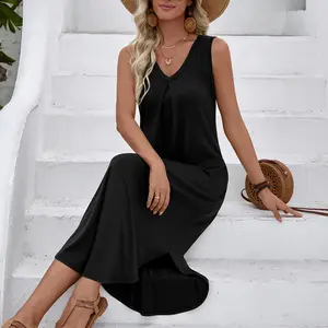 Women's Sleeveless Tank Dress V-Neck Side Slit with Pockets Comfortable Midi Dress Springfresh Maxi Casual