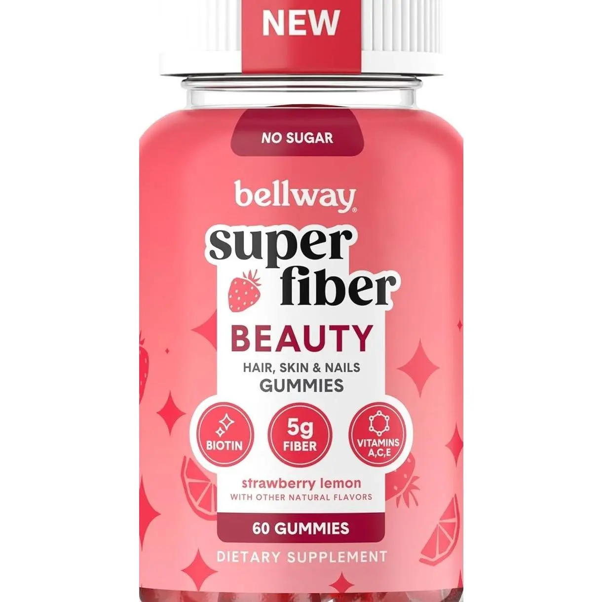 Bellway Super Fiber Gummies + Beauty – Sugar Free Fiber Supplement with Biotin & Vitamins A C E – Supports Digestive Health, Skin, Hair & Nails - 60 Count