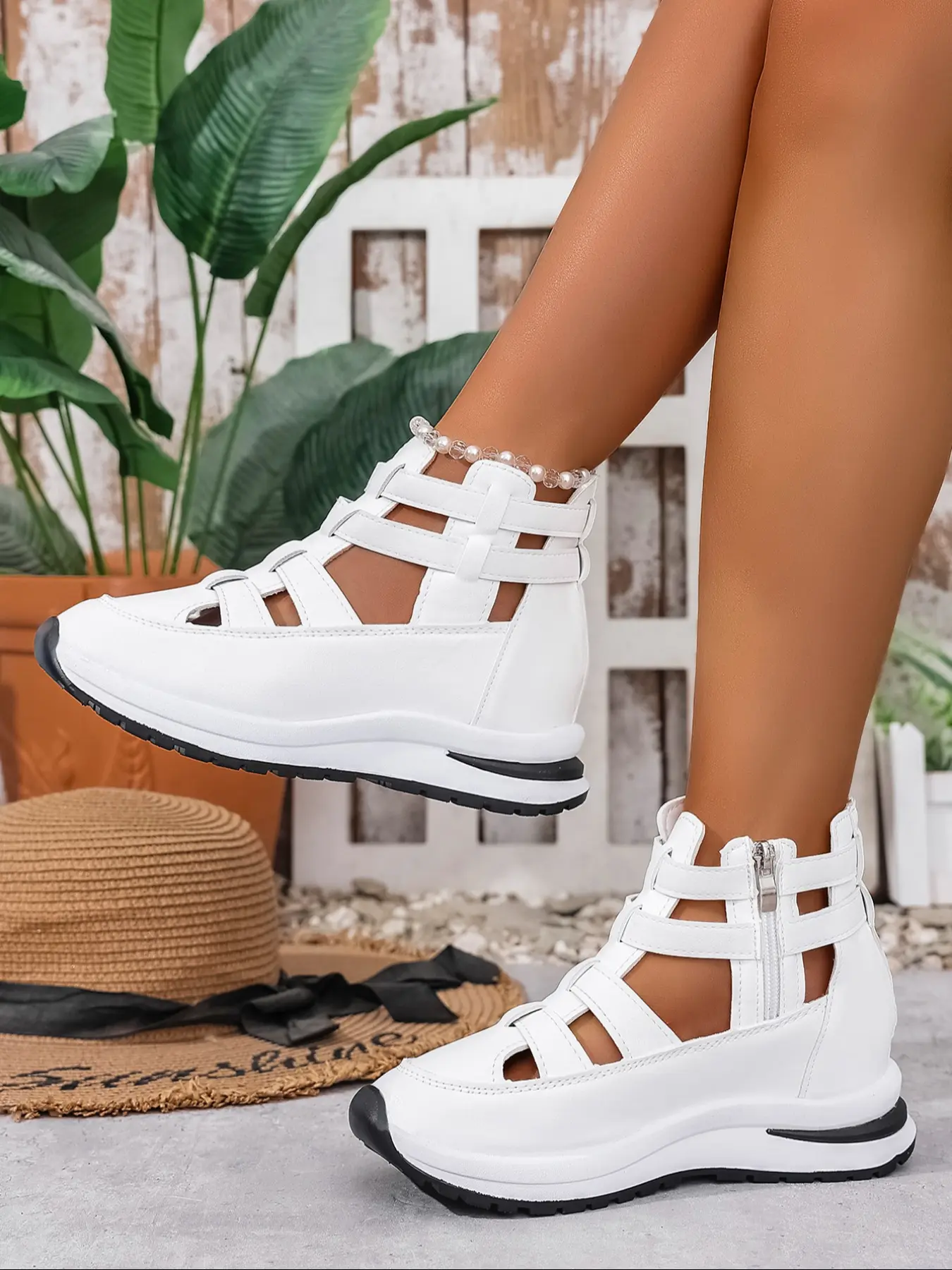 Women's Wide Fit Fashion Elevated Sandals, Lightweight Arch Support, PU Leather Upper, PU Platform Sole, Casual Ankle High Shoes, Comfortable, Summer Ready