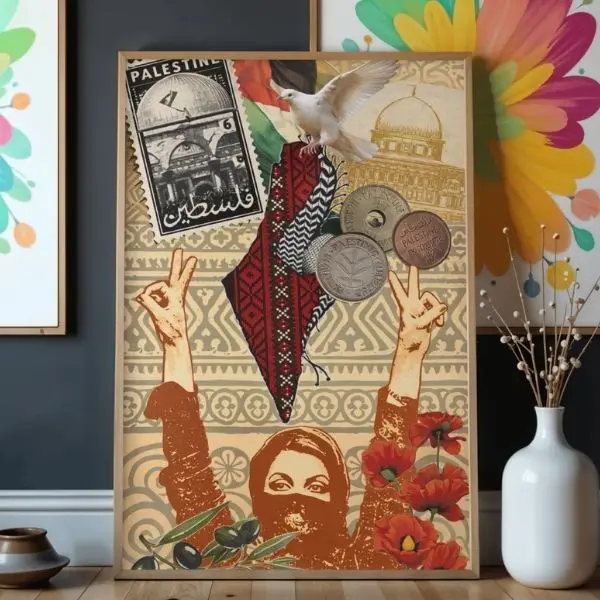Palestine Collage Poster, Keffiyeh Map Wall Art, Dove of Peace Print, Vintage Palestine Stamp Aesthetic, Middle Eastern Cultural Decor