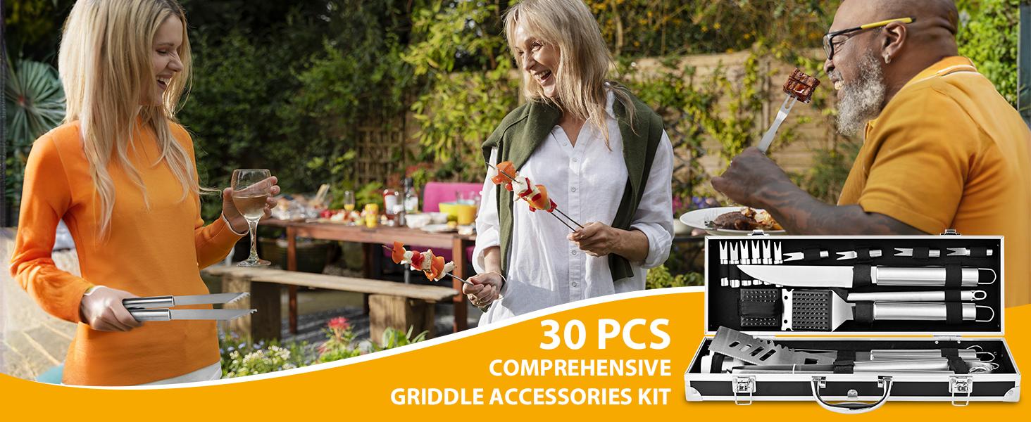 BBQ Grill Tool Set 30pcs Heavy Duty Stainless Steel Utensils in Aluminum Case for Family Cooking & Grilling Essentials Non-Slip Grilling Accessories Sliver