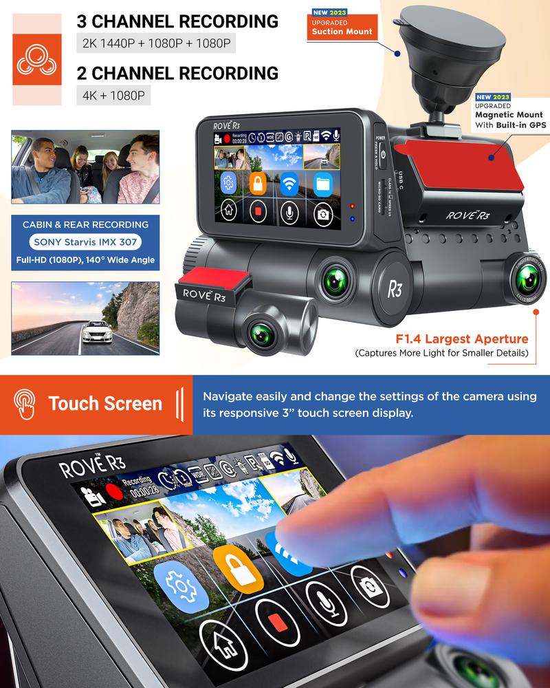 ROVE R3 - 3 Channel Touchscreen Dash Cam Front, Inside and Rear 1440P+1080P+1080P Built-in 5G Wi-Fi, GPS Dashboard Camera for Car, Truck, Semi Truck, Mini Bus, SUVs with Super Night Vision Technology, Parking Mode, WDR, Supports 512GB Max