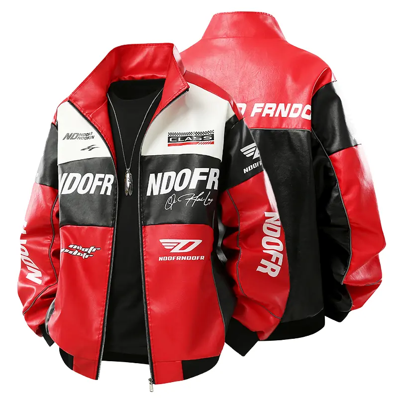 Unisex color block racing jacket with stand collar, zip closure, letter print, biker outerwear, Y2K hip hop street jacket autumn fashionable style